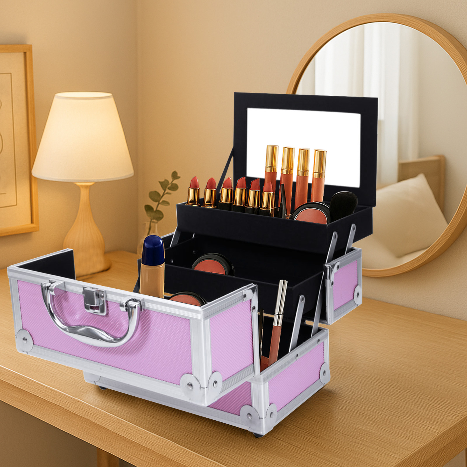 Beauty Makeup Salon - Pink Aluminum Alloy Makeup Case, Double